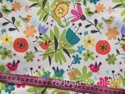Мембранная ткань "Яркие птички на светло бежевом фоне" -  отрез 0.65м, без брака, скидка 15%.